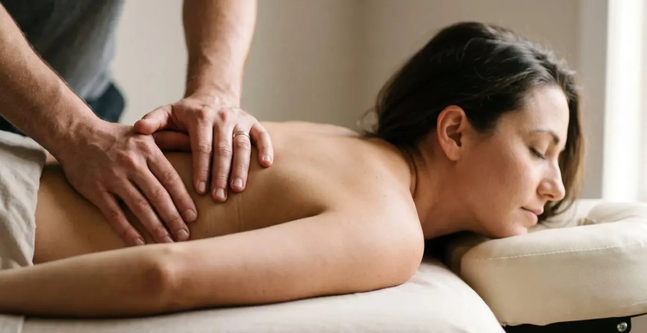 Mains de massothérapeute appliquant une pression profonde sur le dos d'un client en gros plan