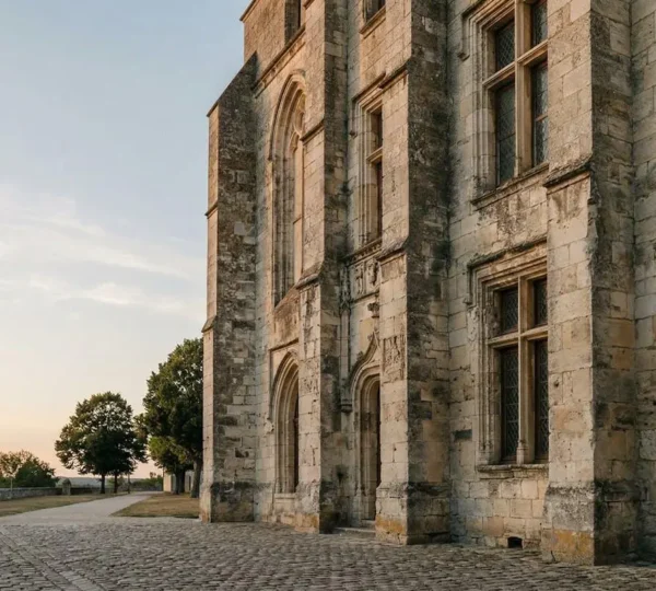 Façade historique en pierre avec détails architecturaux révélant les couches du temps