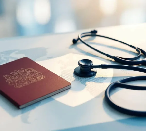 Document d'assurance voyage et symboles de protection médicale illustrant la sécurité sanitaire à l'étranger