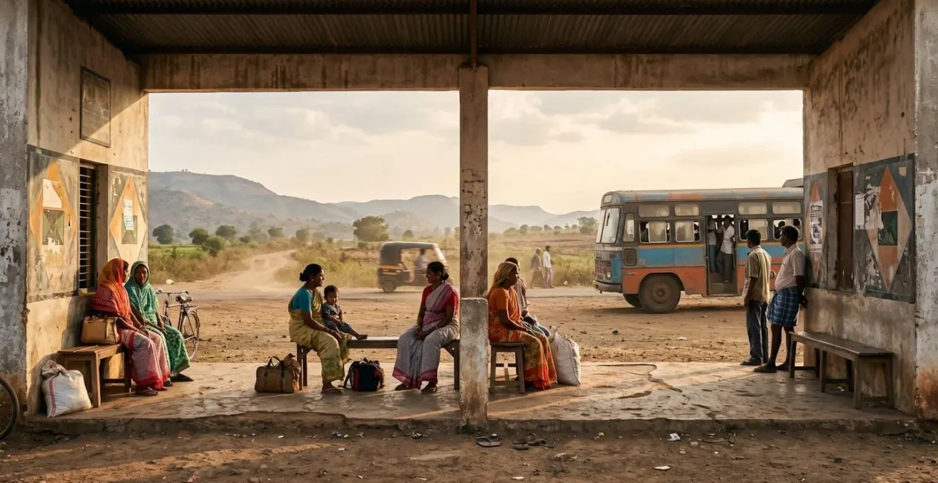 Scène atmosphérique d'une gare routière avec voyageurs en attente dans une ambiance de patience active