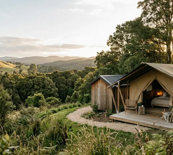 Hébergement de glamping confortable avec vue sur la nature au crépuscule
