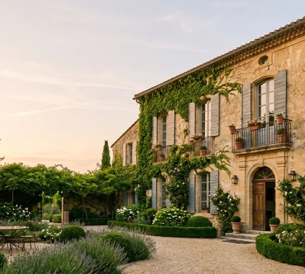 Façade d'un hôtel de charme français aux pierres anciennes avec jardins paisibles