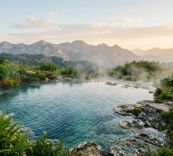 Bassin thermal naturel en exterieur entouré de vapeur d'eau et de vegetation luxuriante pour illustrer l'hydrotherapie en voyage