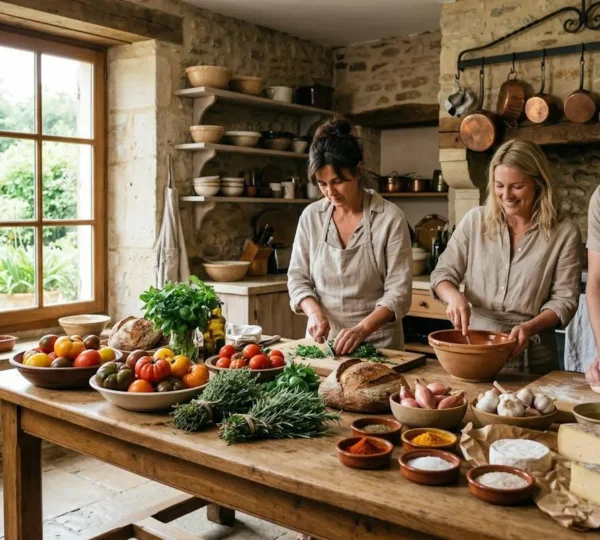 Scène de cours de cuisine authentique avec produits frais du terroir local
