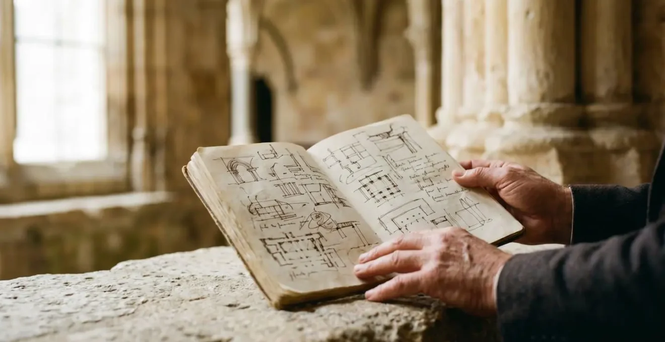 Carnet de croquis et notes d'observation architecturale devant un monument historique