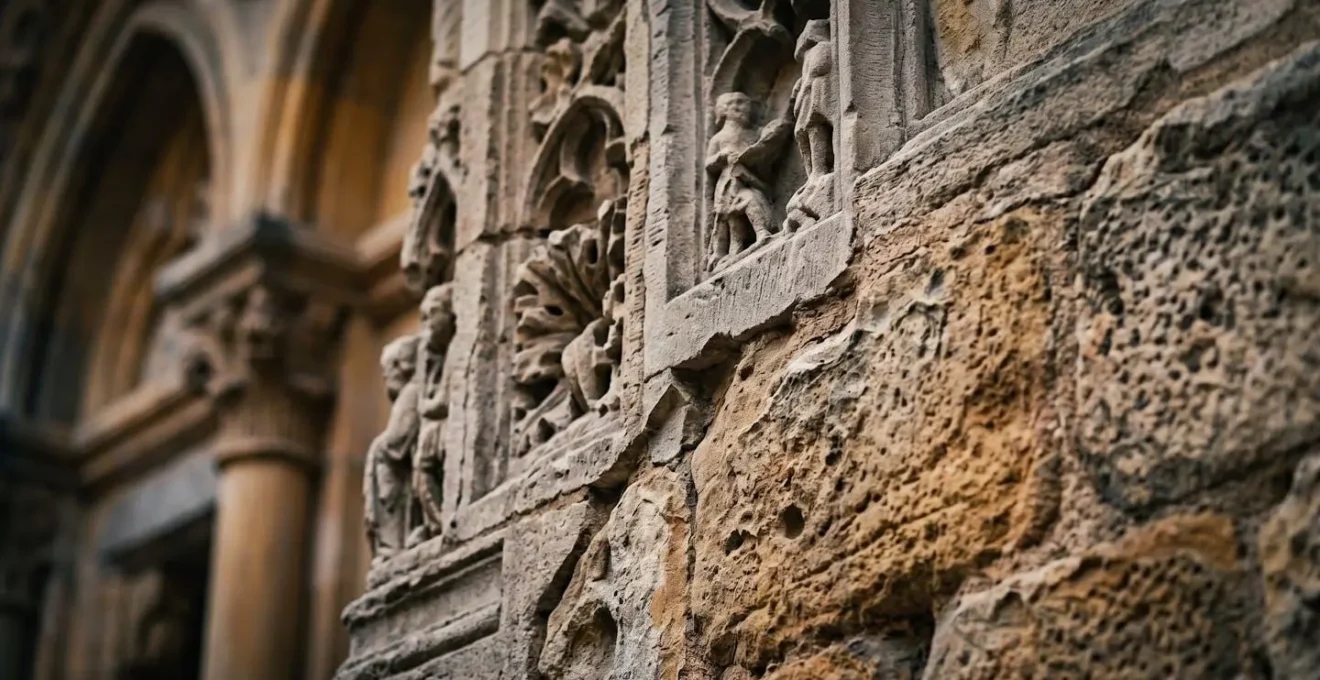 Détails architecturaux superposés révélant différentes époques d'un édifice historique