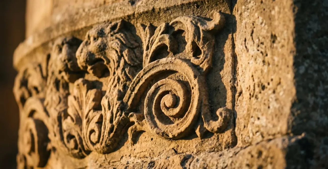 Relief architectural en pierre révélé par la lumière rasante du matin