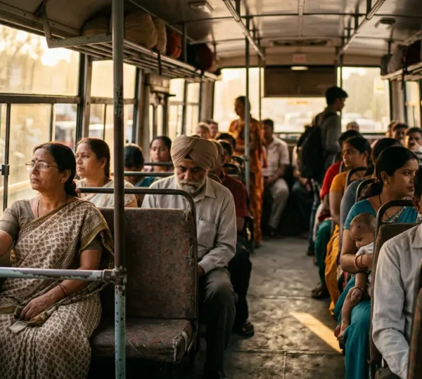 Scène de transport local authentique capturant l'atmosphère d'un trajet en bus partagé avec les habitants