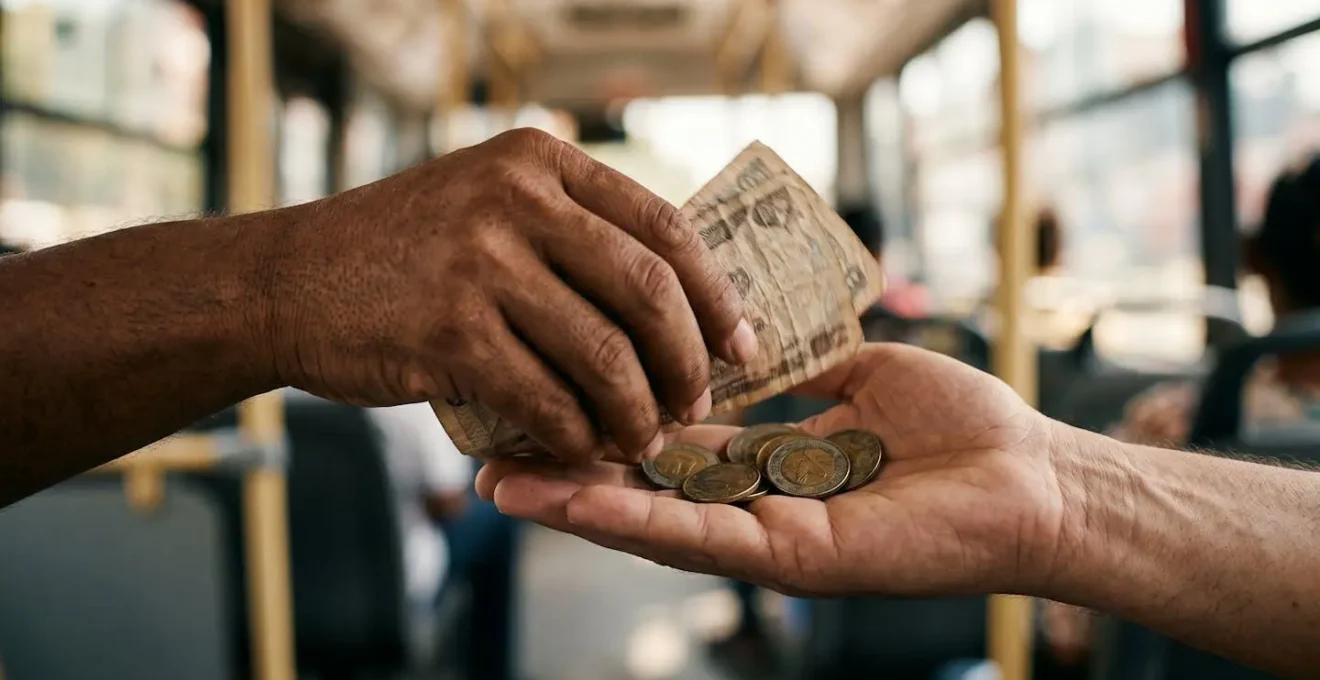 Gros plan sur des mains échangeant de la monnaie locale lors d'un paiement dans un transport en commun