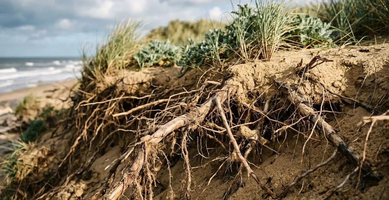 Système racinaire complexe de l'oyat émergeant du sable dunaire