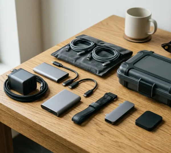 Voyageur organisant son équipement technique de manière sécurisée pour protéger ses données en mobilité