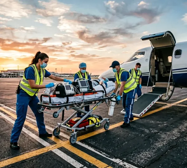 Équipe médicale préparant un transfert sanitaire d'urgence à l'aéroport