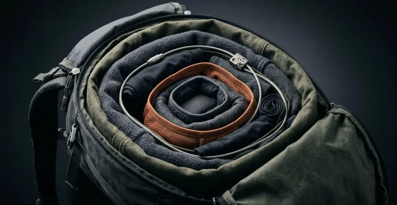 Organisation en couches d'un sac à dos de voyage montrant la stratégie de protection