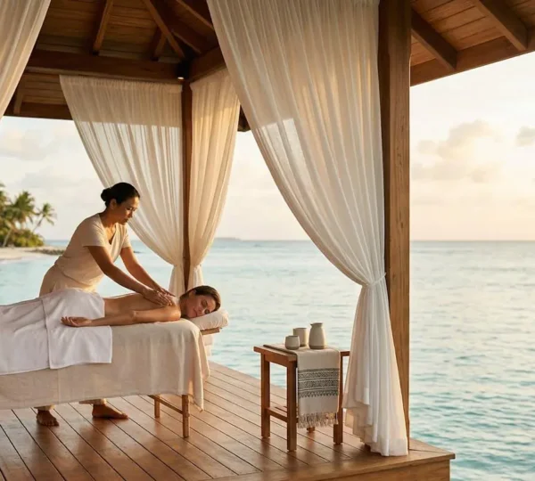 Voyageur recevant un massage traditionnel dans un spa exotique au bord de la mer