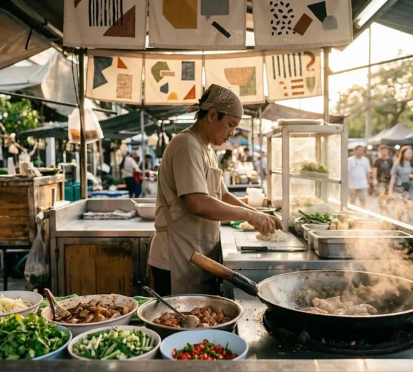 Plat de street food fraichement prepare avec ingredients colores et vapeur montante