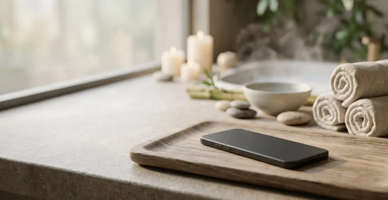Smartphone posé avec sérénité dans un environnement spa minimaliste et apaisant