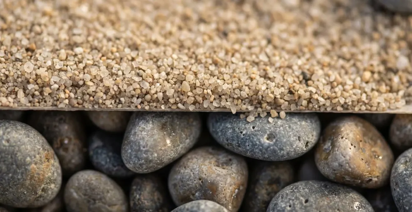 Gros plan sur la texture contrastée du sable fin et des galets côtiers