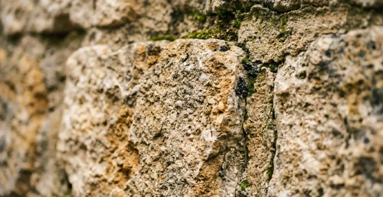 Gros plan sur la texture d'un mur en pierres anciennes avec joints apparents
