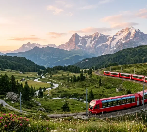Train panoramique traversant un paysage alpin majestueux au lever du soleil