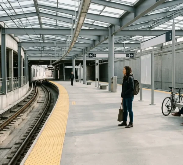 Vue urbaine des transports en commun avec voyageurs en mouvement