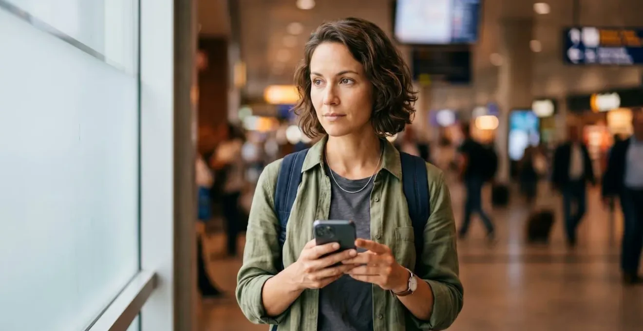 Voyageur vérifiant discrètement son téléphone avec application GPS dans un environnement urbain