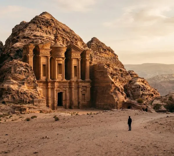 Visiteur solitaire contemplant un monument historique classé UNESCO au lever du soleil