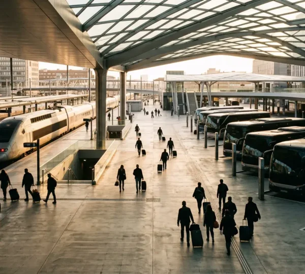 Gare interurbaine moderne avec voyageurs en mouvement entre train et bus