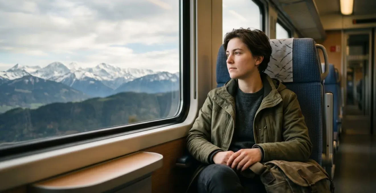 Voyageur regardant calmement l'horizon par la fenêtre d'un train en mouvement pour prévenir le mal des transports