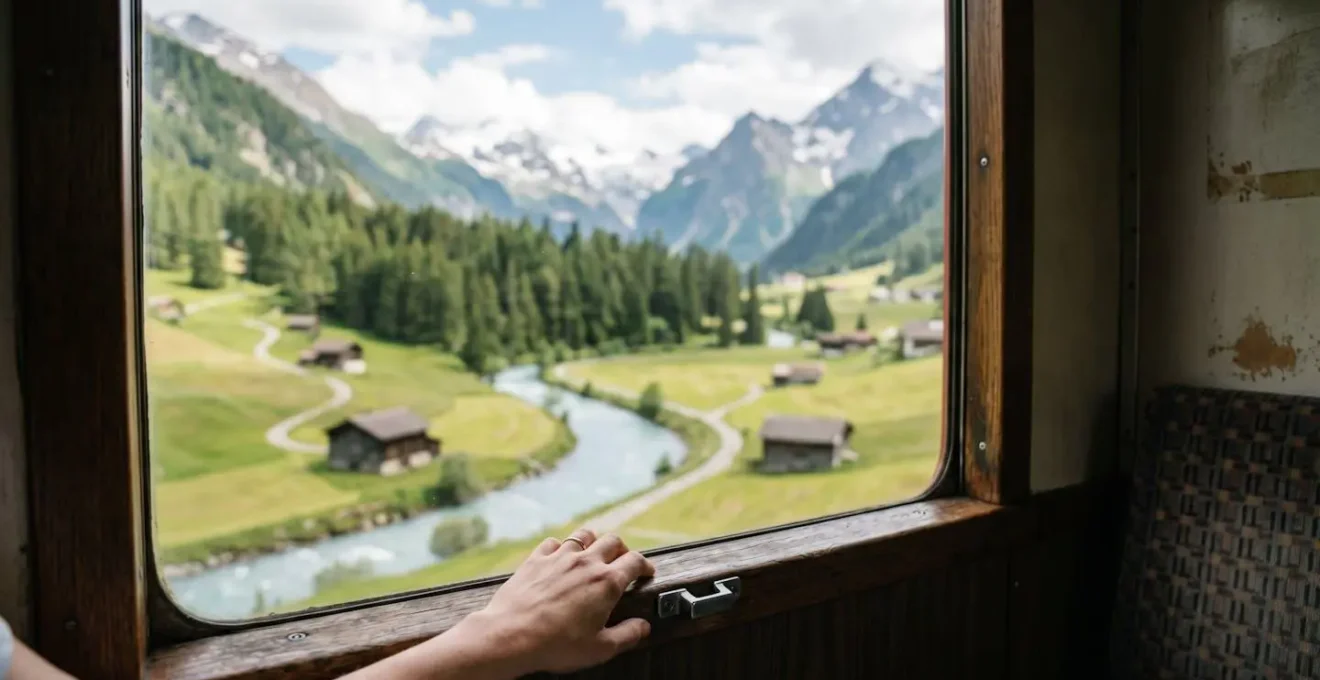 Vue depuis la fenêtre d'un train régional traversant lentement une vallée alpine avec rivière et villages