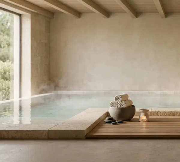 Moment de détente dans un spa luxueux avec piscine zen et décoration apaisante